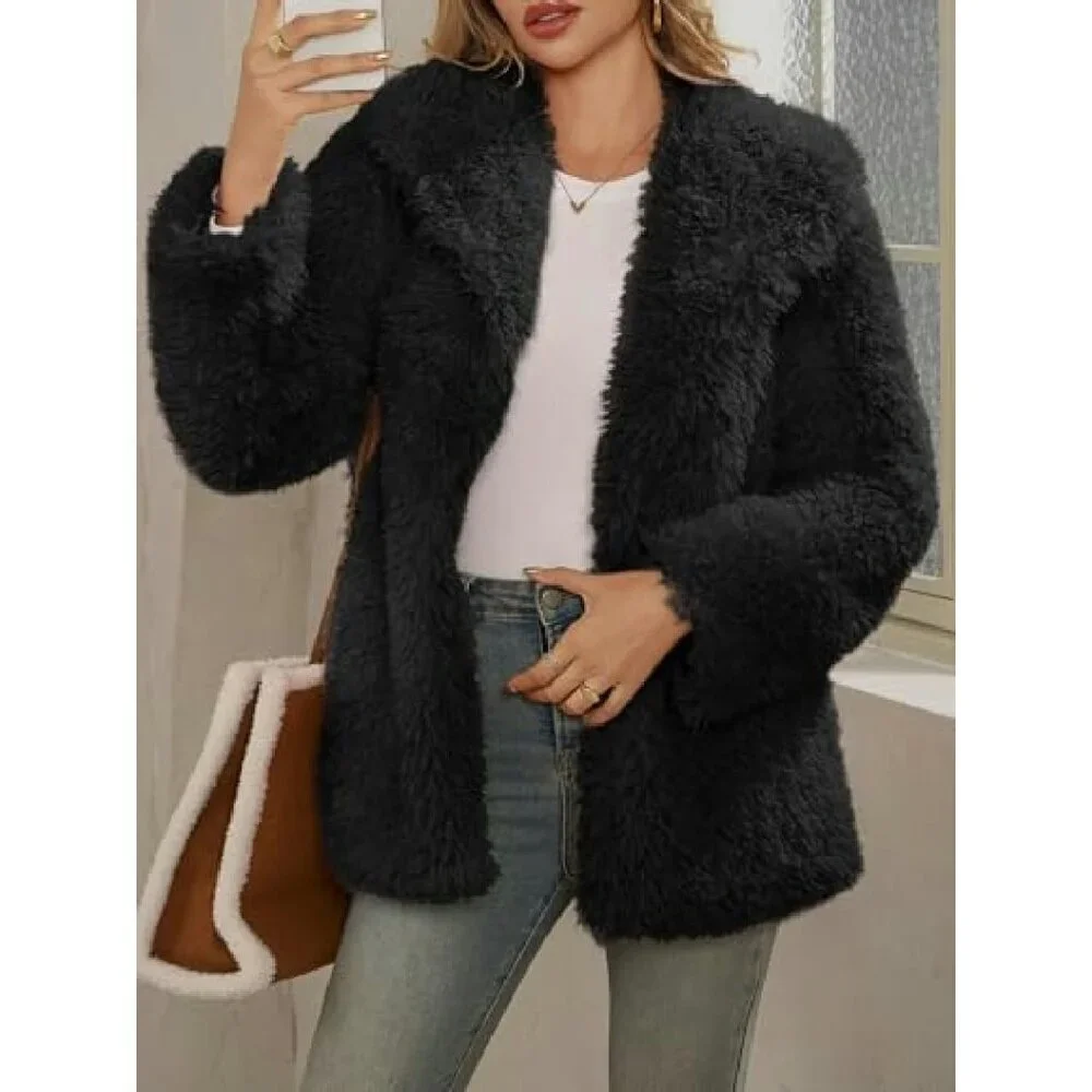 Oversized Faux Fur Coat Lapel Collar Open Front Winter Jacket